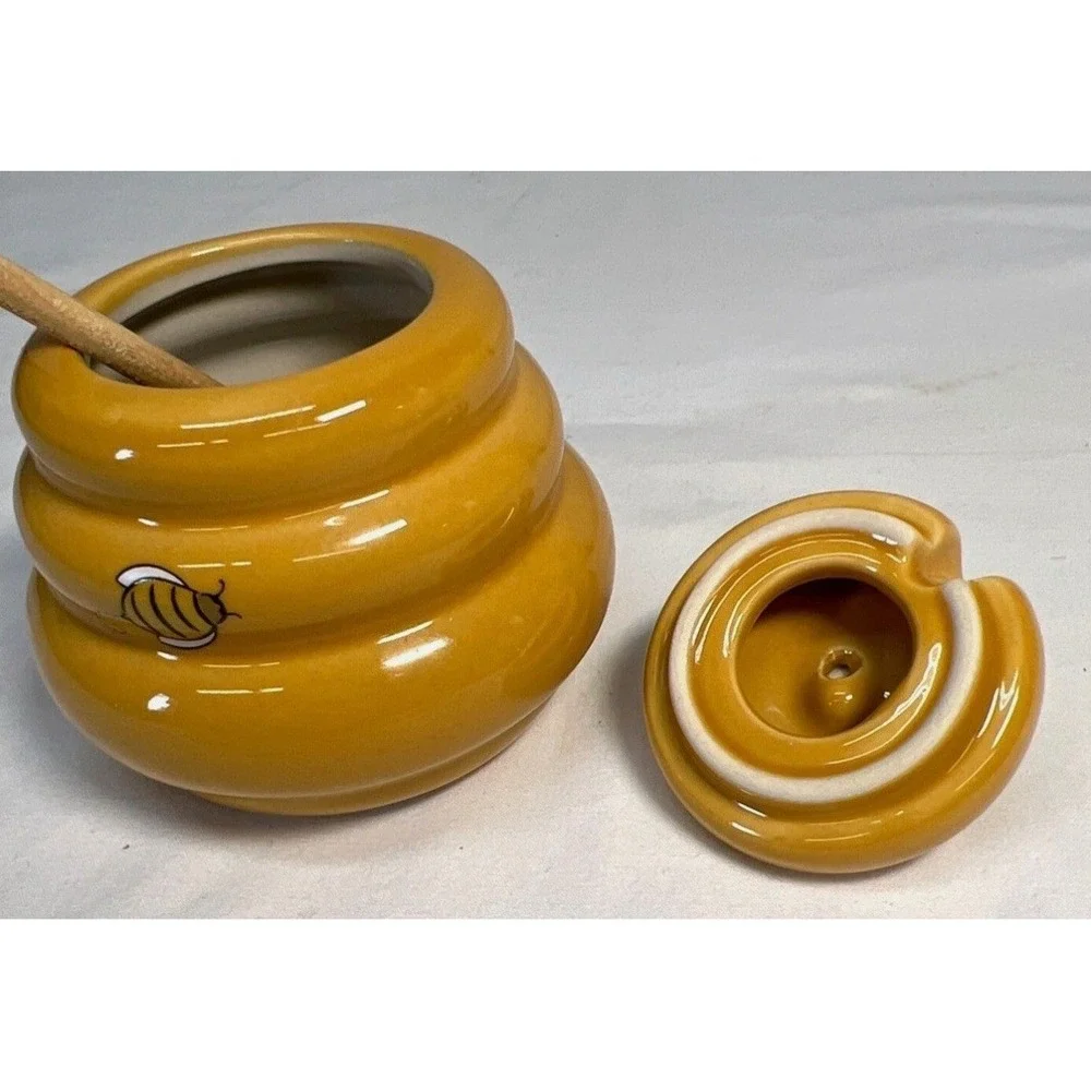 Mini Honey Pot Ceramic Jar Flower‎ Lid Wood Dipper Beehive with Bee Honey Miel
